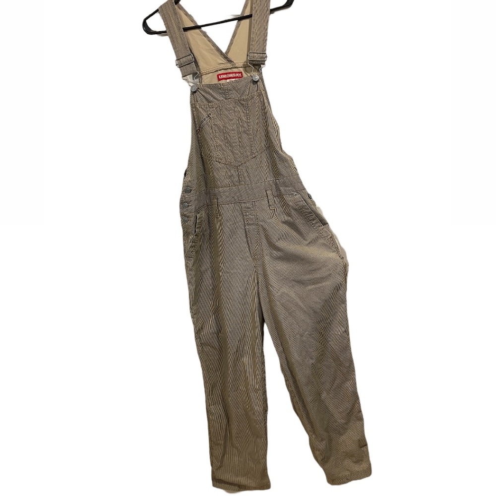 Vintage Unionbay Tan and Black Pin Striped Utility Cargo Grunge Cotton Overalls